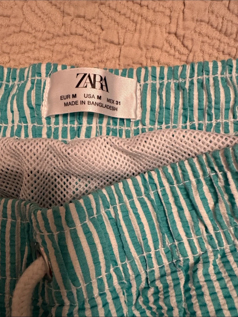 Zara Striped Teal Seersucker Drawstring Mens bathing suit